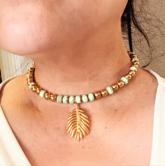 Green Spearmint Glass and Gold Ball Beads in Statement Gold Plated Necklace - Picture 9 of 10